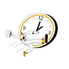 A man with a briefcase is trying to make up for lost time. Vector illustration in an outline style on the topic of time management and working time planning.