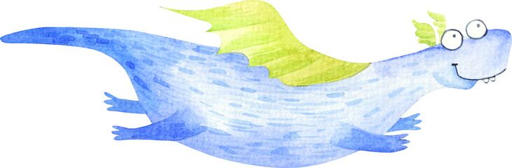 blue dinosaur dragon with green wings, cute watercolor childrens illustration isolated on white background © Ilona