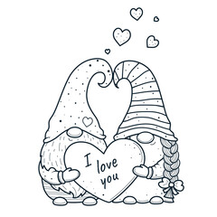 Cute Valentine gnomes gnomes with hearts for coloring book.Line art design for kids coloring page