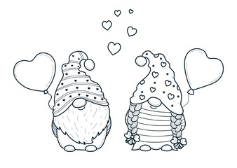 Cute Valentine gnomes gnomes with balloon hearts for coloring book.Line art design for kids coloring page - 474668876