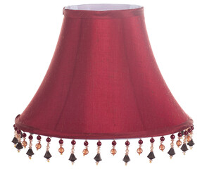 classic cut corner bell shaped burgundy deep red lampshade with a beaded fringe on a white background isolated close up shot 