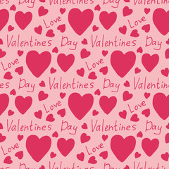 Seamless pattern with word love and valentines day and pink hearts on light pink background. Vector image.