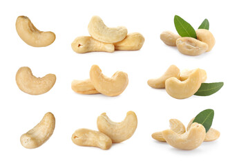 Set with tasty cashew nuts on white background