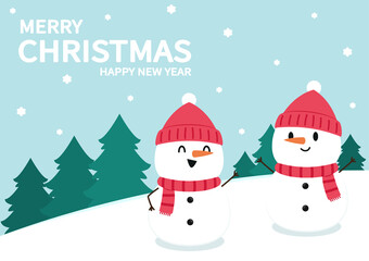 Merry Christmas and happy new year 2022 greeting card. Snowman cartoon character. Cute Christmas mascot.