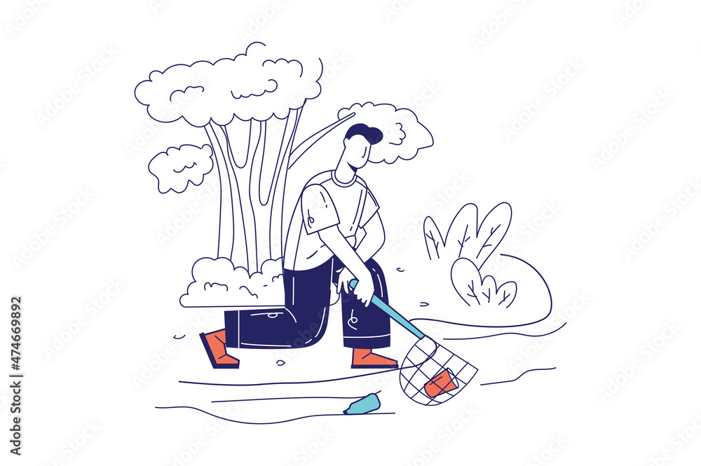 Poster people collecting garbage concept in flat line design for web banner. man catches garbage in river w