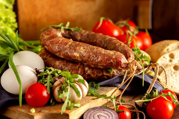 Homemade sausage - tasty traditional celebration food on old wooden table with vegetables: onions, garlic, cucumbers, tomatoes, arugula, eggs.
