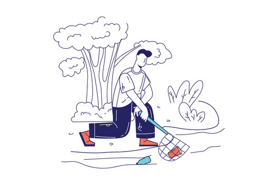 People collecting garbage concept in flat line design for web banner. Man catches garbage in river with net, environmental protection modern people scene. Vector illustration in outline graphic style