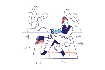People reading book concept in flat line design for web banner. Woman sits with book on picnic, literature lover is resting in park, modern people scene. Vector illustration in outline graphic style