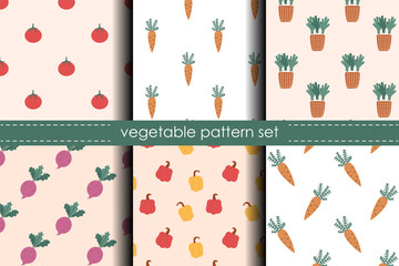 Cute vegetable pattern set. Carrot and tomato. Leek and pepper. Beet. Doodle collection of food backgrounds. Harvest.