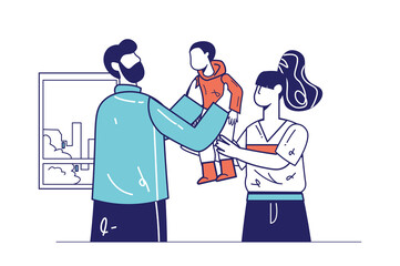 Healthy families concept in flat line design for web banner. Father and mother holding and hugging little son, good relationship modern people scene. Vector illustration in outline graphic style
