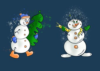 Cartoon snowmen New Year’s characters Christmas tree and snowfall digital illustration