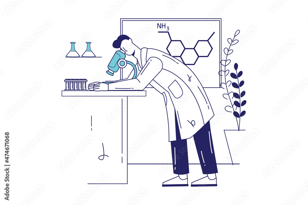 Poster science laboratory concept in flat line design for web banner. man scientist looks in microscope and