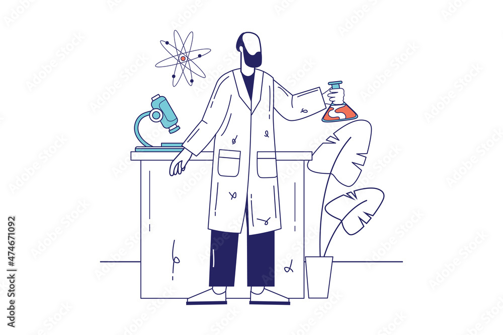 Poster science laboratory concept in flat line design for web banner. man scientist holding flask and doing