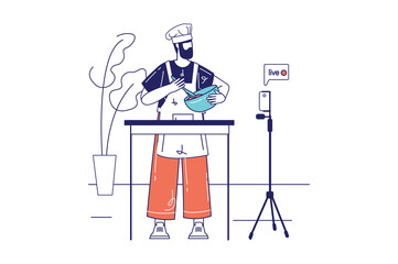 Video streaming concept in flat line design for web banner. Man blogger cooking food in kitchen in online broadcast with followers, modern people scene. Vector illustration in outline graphic style