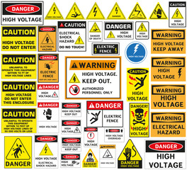 Fototapeta na wymiar Electrical safety sign. High voltage, electric fence, do not touch, keep away, hazardous restricted area, keep out, live wires, do not enter, shock burn.