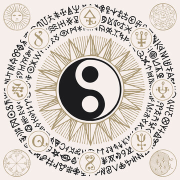 Vector yin-yang symbol with magic signs and runes written in a circle in retro style. Esoteric and mystical sign of balance, harmony, unity and opposites, Feng Shui, Zen, yoga, masculine and feminine