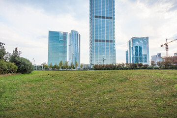 Empty floors and office buildings in the financial center, Qingdao, China