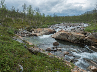 Milky blue creek stream rapids with stones in Lapland landscape with snow capped mountain, birch tree and green bush at Padjelantaleden hiking trail, north Sweden wild nature. Summer cloudy day