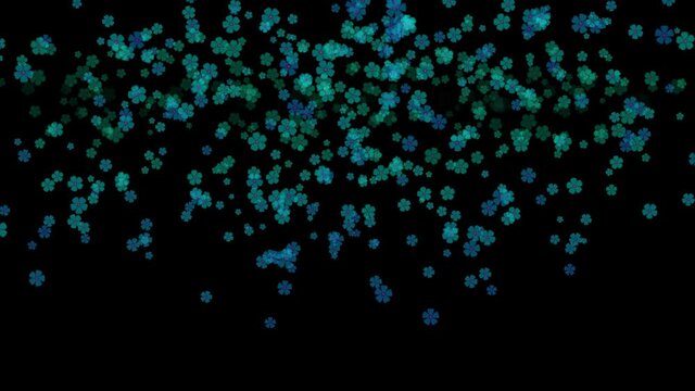 Umherfliegende stilisierte Bl&uuml;ten in ver&auml;nderlichen Farben von blaugr&uuml;n &uuml;ber gr&uuml;n bis violett.  vor schwarzem Hintergrund, Partikelsimulation 4K