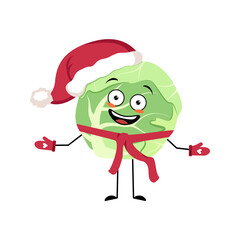 Cabbage Santa character with happy emotion, joyful face, smile eyes, arms and legs with scarf and mittens. Vegetable person with expression, green food for Christmas and New year. Vector illustration