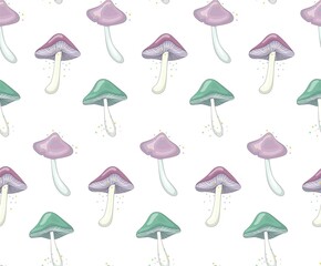 Very cute magic mushrooms seamless pattern on a white background. Pattern elements are evenly spaced. Pastel shades of pink, lilac, light green. Hand drawn vector illustration