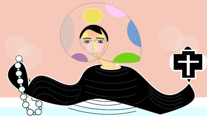 Unique, exclusive and unpublished image of young monk christ, religious Jesuit friar with rosary and crucifix in communion with the spirit and calm of the holy God.