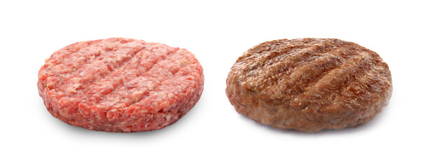Raw and grilled hamburger patties on white background, collage. Banner design