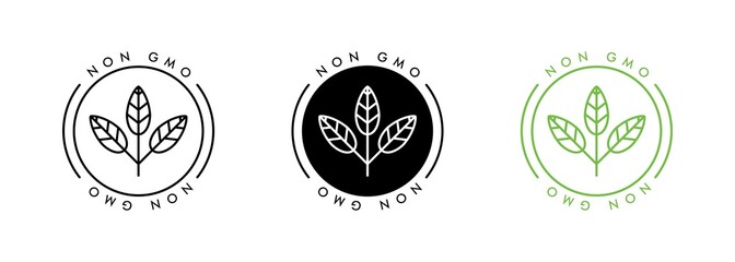 Non GMO label set. GMO free icons. Label for no gmo added product package icon design template. Healthy organic food concept. Vegan, bio. Vector illustration of different gmo free emblems. - obrazy, fototapety, plakaty