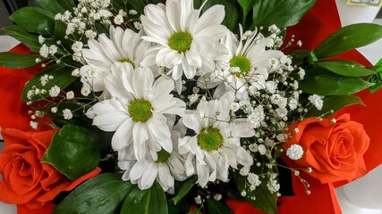 bouquet of white and red flowers