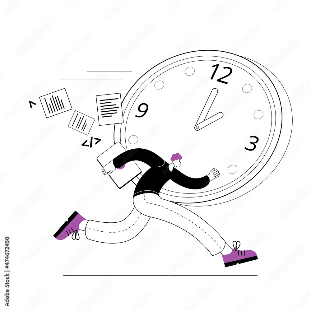 Aufkleber a man with a laptop is trying to make up for lost time. vector illustration in the style of sketches