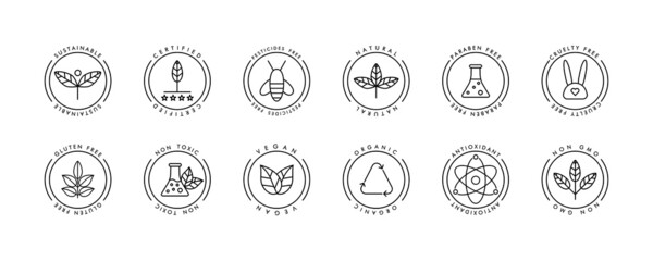 Organic cosmetic line icons set. Eco line badge. Handmade eco logos, natural organic cosmetics vegan food symbols. Product free allergen labels. Natural products badges. GMO free emblems. Vector - obrazy, fototapety, plakaty