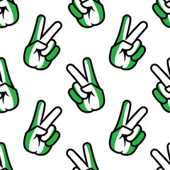 Fototapeta premium Nigeria flag in the form of a peace sign. Seamless background. Gesture V victory sign, patriotic sign, icon for apps, websites, T-shirts, souvenirs, etc., isolated on white background