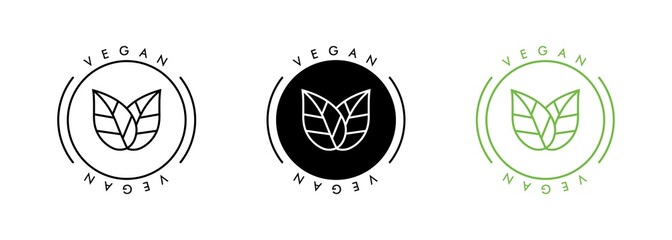 Vegan icon set. Vegan vector icon. Bio, Ecology, Organic logos and badges, label, tag. Vegan, no meat, lactose free, healthy, fresh and nonviolent food. Round green vector illustration - obrazy, fototapety, plakaty