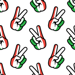 Italy flag in the form of a peace sign. Seamless background. Gesture V victory sign, patriotic sign, icon for apps, websites, T-shirts, souvenirs, etc., isolated on white background