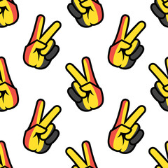 Belgium flag in the form of a peace sign. Seamless background. Gesture V victory sign, patriotic sign, icon for apps, websites, T-shirts, souvenirs, etc., isolated on white background