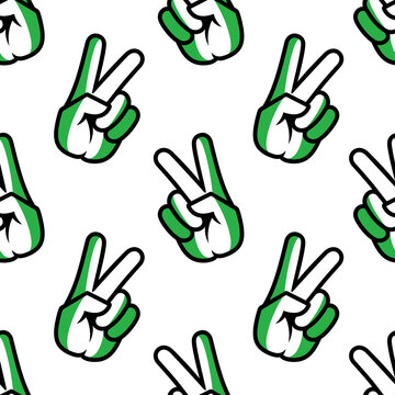 Nigeria flag in the form of a peace sign. Seamless background. Gesture V victory sign, patriotic sign, icon for apps, websites, T-shirts, souvenirs, etc., isolated on white background
