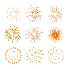 Flashes of festive fireworks set on a white background. Vector illustration.