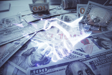 Double exposure of handshake drawing over usa dollars bill background. Partnership concept.