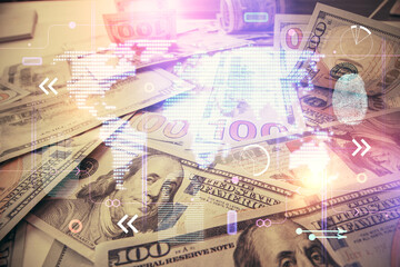 Double exposure of world map drawing over us dollars bill background. International concept.