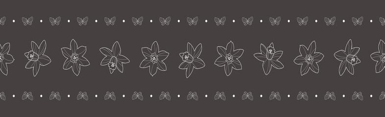 Vector horizontal seamless floral pattern border. Daffodils and butterflies drawing and sketch with linear art on a black background.
