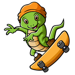 The iguana is playing the skate board and doing the freestyle