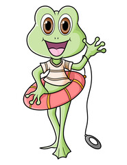 The pretty tall frog is using the swimming tire with the rope