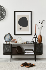 Stylish living room interior design with console and mock up poster frame. Candles, gemstones and vintage personal accessories. Copy space. Template..