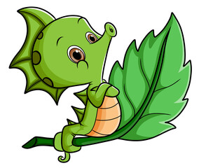 The cool seahorse is sitting on the green leaf