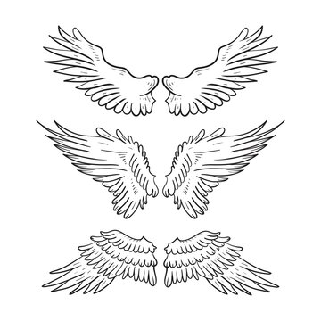 Set of angel wings contour drawing for tattoo. Vector illustration.