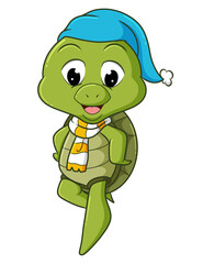 The turtle with the hat and scarf is ready for winter