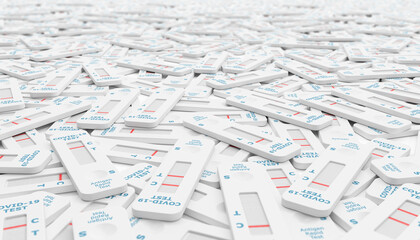 3d render of many used Covid 19 antigen rapid tests © marog-pixcells