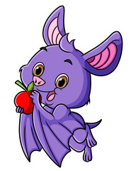 The cute bat is holding the apple for eat