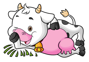 The happy fat cow is laying down on the grass