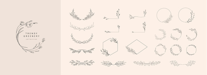 Fototapeta Set of elegant floral logo elements. Borders and dividers, frame corners and branch. Boho Hand drawn line wedding herb, leaves for invitation save the date card. Botanical rustic trendy greenery obraz